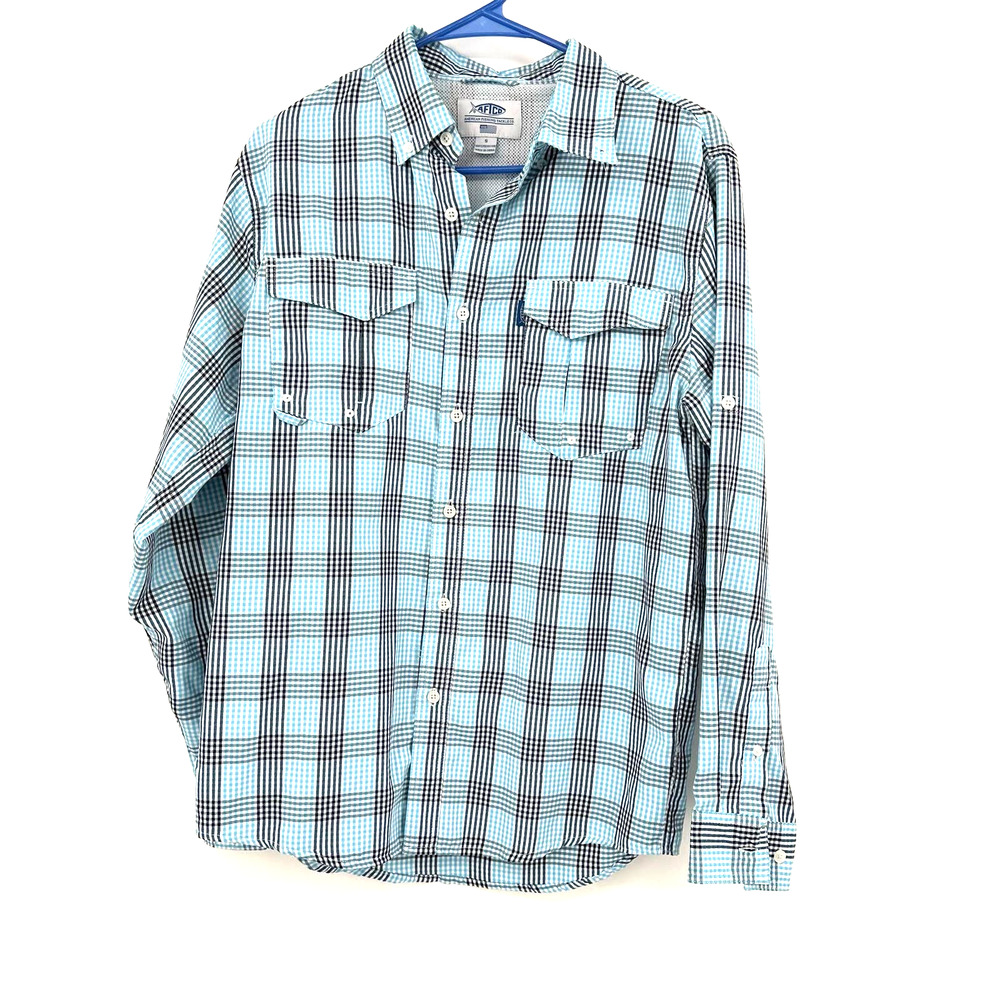AFTCO size small long sleeve vented‎ plaid button up shirt blue black white